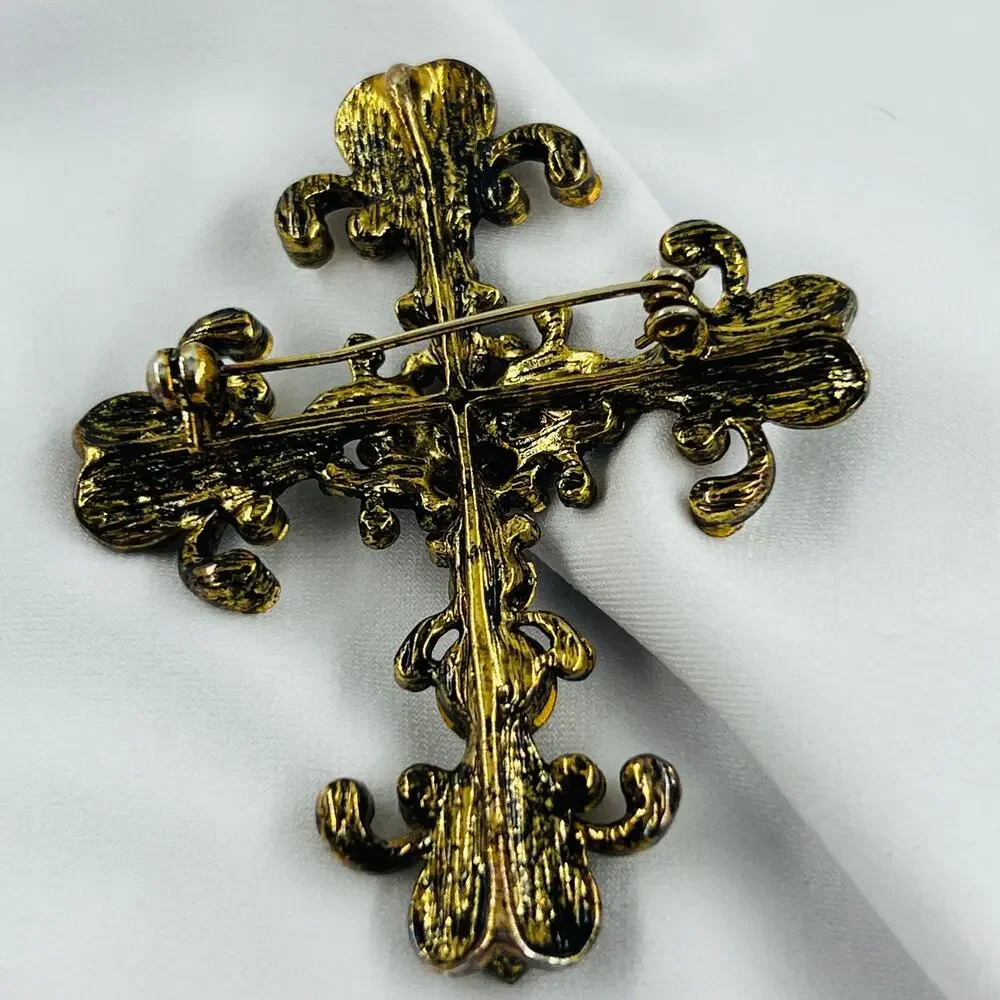 Gothic Cross Pendant Brooch Amber Rhinestone Antiqued Gold Tone Fleur de Lis